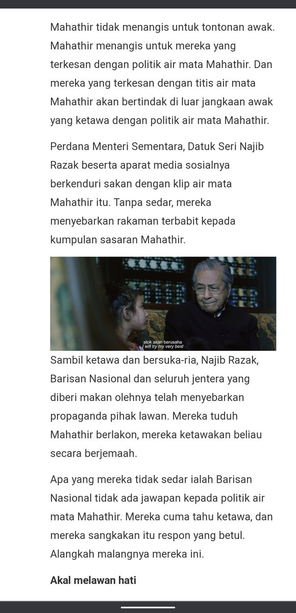 "Mahathir tidak menangis untuk tontonan awak. Mahathir menangis untuk mereka yang terkesan dengan politik air mata Mahathir." 😭😭😭