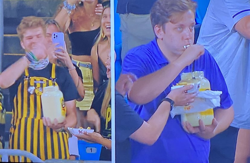 We got a Mayo eating competition breaking out in the stands. College football is so BACK.