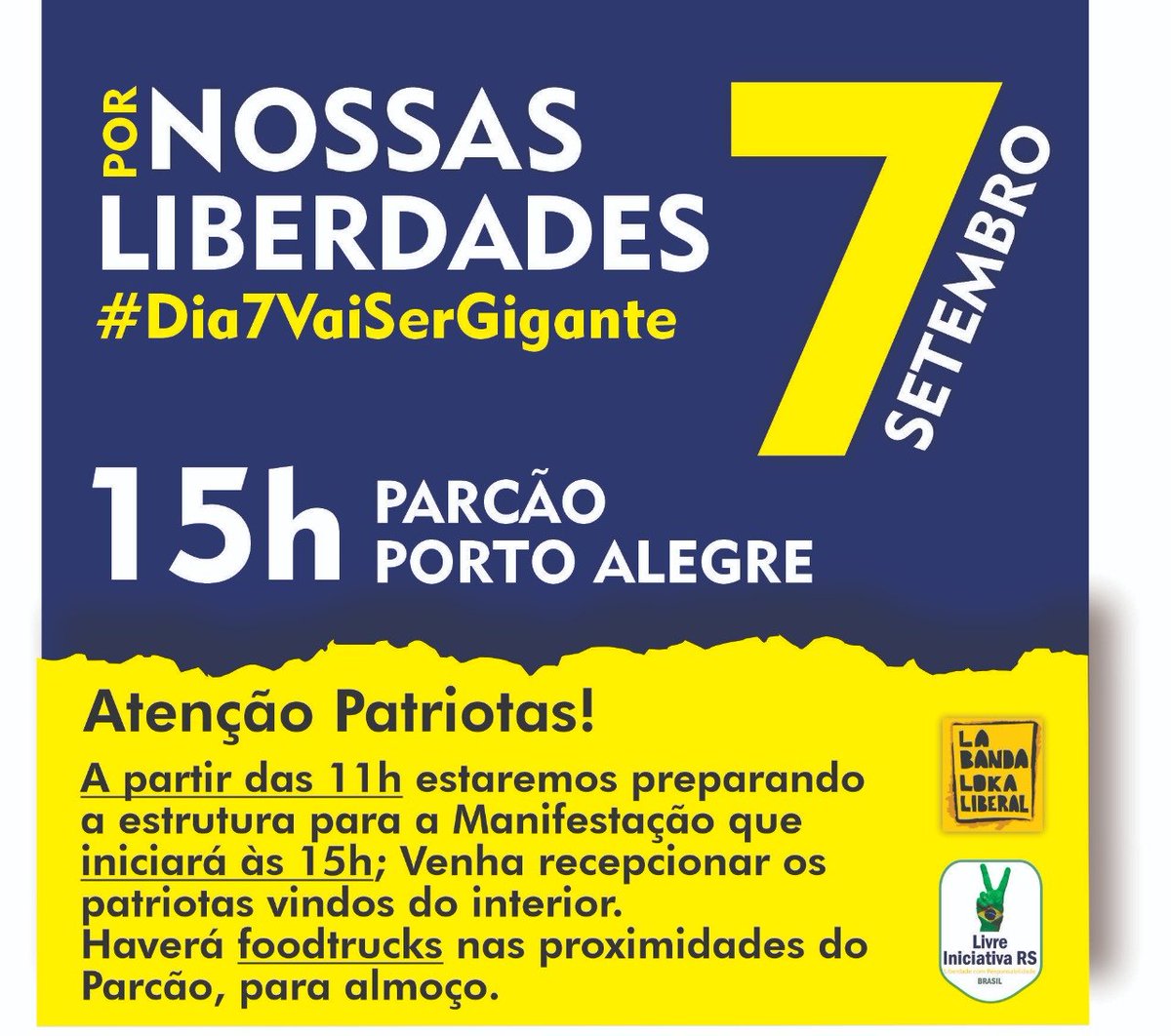 amandamoraes500's tweet photo. Alô gauchada! Ajudem a divulgar, por favor. 
A MANIFESTAÇÃO em Porto Alegre terá inicio às 15h deste 7/9. Este é o horário que precisamos de muita gente na AV GOETHE para dar o recado. Mandem para seus grupos por zap, face, insta... 
DEEEEEEM RT, por favor. #Dia7VaiserGigante https://t.co/G1Ju7NmZaz
