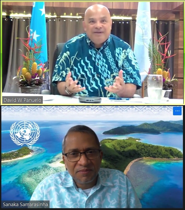 UNinFiji's tweet photo. Insightful, meaningful discussions today around progress towards the establishment of Pohnpei's new 🇺🇳 RCO between 🇫🇲 President, H.E. David Panuelo @POTFSM & UN Resident Coordinator, Fiji MCO @SanakaS during a courtesy call wrapping up a week-long #VirtualMission 'visit' to 🇫🇲 https://t.co/z7zesyZLEo