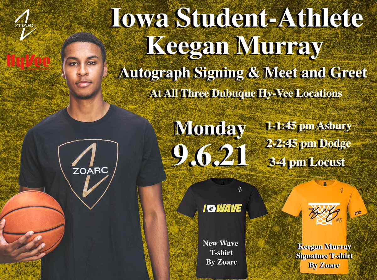 Monday In Dubuque! Come out and meet Keegan Murray at all 3 Hy-Vee locations and grab one of his signature shirts!
@keegan3murray <a href="/LocustHyVee/">Locust St Hy-Vee</a> <a href="/DodgeHyVee/">Dodge Street Hy-Vee</a> <a href="/AsburyHyVee/">Hy-Vee Asbury Plaza</a>