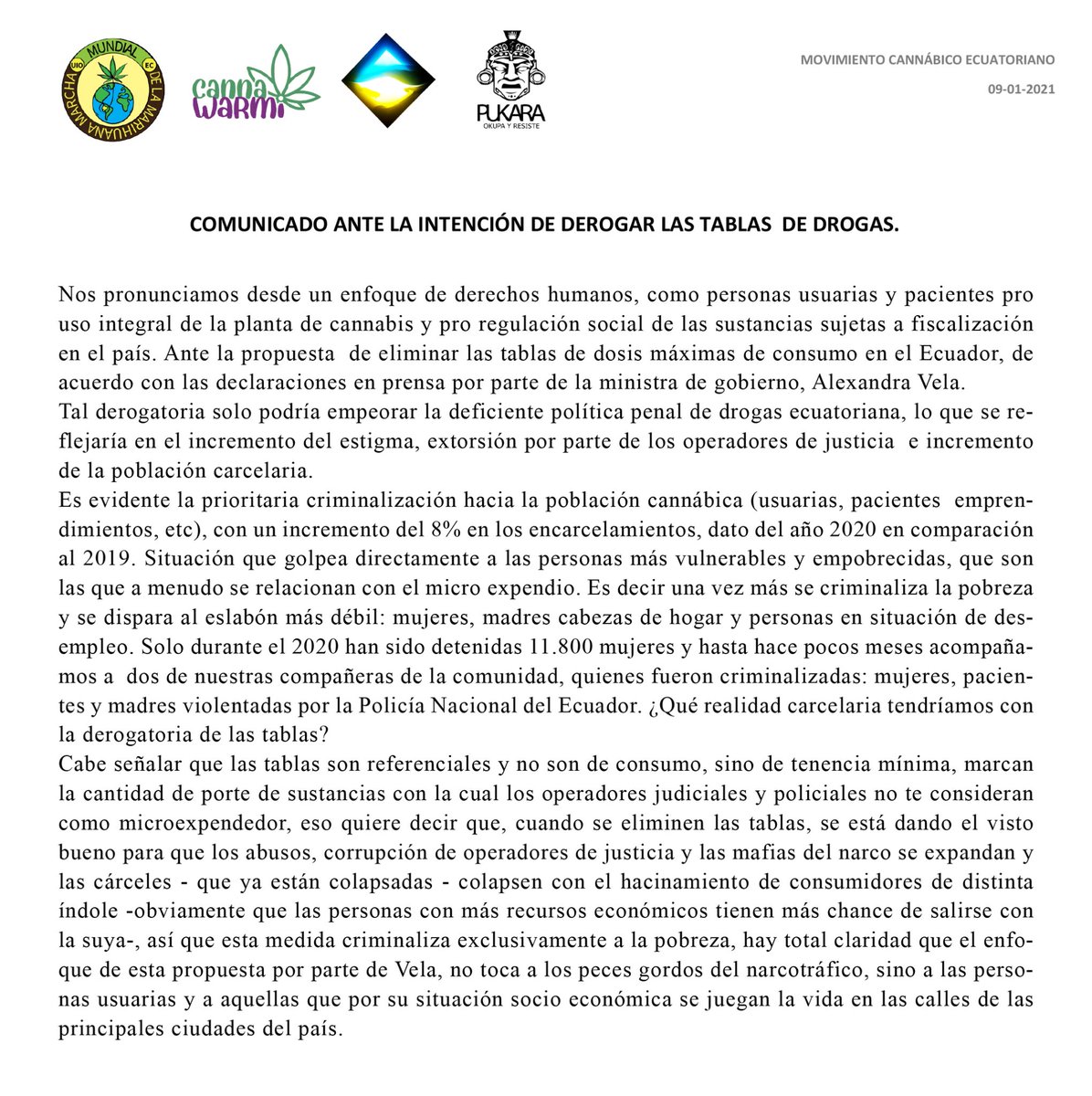 canna_warmi's tweet photo. Nos pronunciamos frente a la descabellada propuesta de #Gobierno de eliminar las #tablasdedrogas en #Ecuador. 😡 Velamos por una política de drogas con justicia y reparación social. No más criminalización a la pobreza, no más persecución a la #comunidadcannábica @MinGobiernoEc https://t.co/fZU4y3bKO3