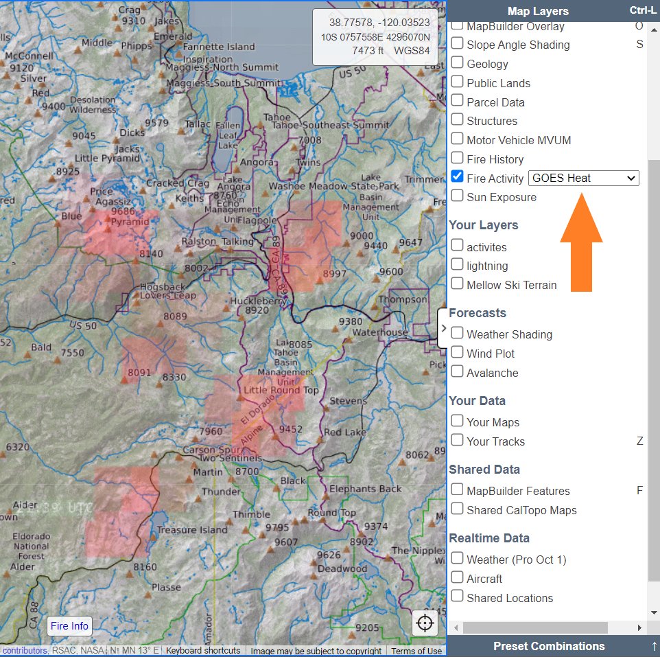 We added a new fire activity overlay option, GOES Heat. This is a different way to visualize where the fire is most active. See training.caltopo.com/all_users/reso… for more about using our fire layers. #CaldorFire  #DixieFire
