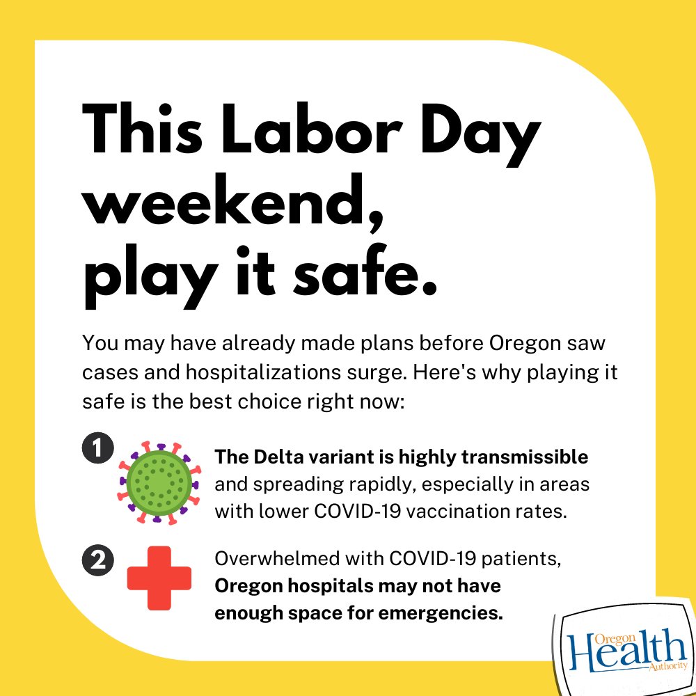 You may have already made plans before Oregon saw cases and hospitalizations surge. Here's why playing it safe is the best choice right now: 1. The delta variant is highly transmissible and spreading rapidly, especially in areas with lower vaccination rates. 2. Overwhelmed with COVID-19 patients, Oregon hospitals may not have enough space for emergencies.