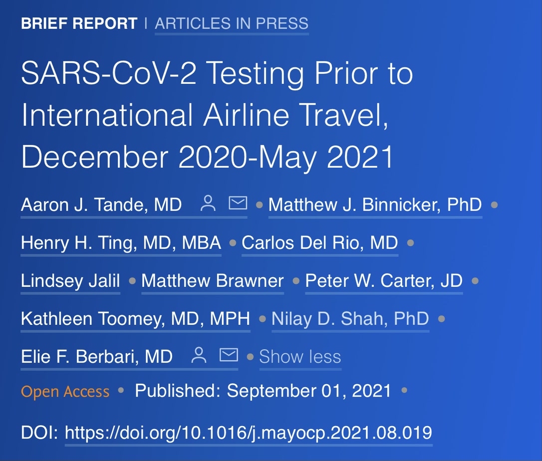 Mayo Clinic Infectious Diseases (@mayoclinicinfd) on Twitter photo #MayoIDResearch
Low risk of SARS-CoV-2 infection during long international flights (US and Italy) when travelers are tested negative by PCR within 3 days prior to travel. <a href="/MDTande/">Aaron Tande</a> <a href="/DocElie/">elie²⁶</a> <a href="/DrMattBinnicker/">Dr. Matt Binnicker</a> <a href="/CarlosdelRio7/">Carlos del Rio</a>
doi.org/10.1016/j.mayo… #MayoIDResearch
Low risk of SARS-CoV-2 infection during long international flights (US and Italy) when travelers are tested negative by PCR within 3 days prior to travel. <a href="/MDTande/">Aaron Tande</a> <a href="/DocElie/">elie²⁶</a> <a href="/DrMattBinnicker/">Dr. Matt Binnicker</a> <a href="/CarlosdelRio7/">Carlos del Rio</a>
doi.org/10.1016/j.mayo…