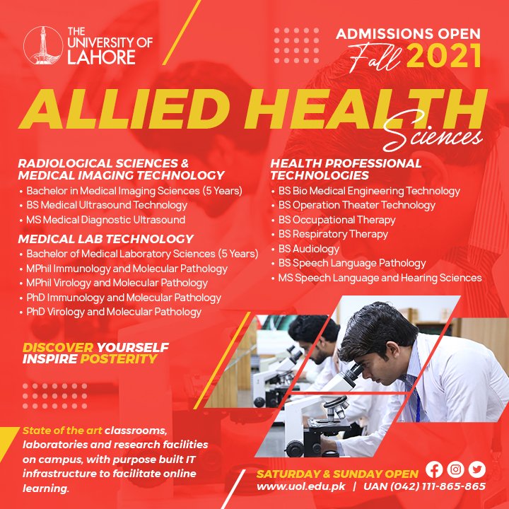 University of Lahore on X: Admissions OPEN Fall 2021 The faculty of Allied  Health Sciences at the University of Lahore is home to instructing and  research in Medical, Allied Health, and Exercise