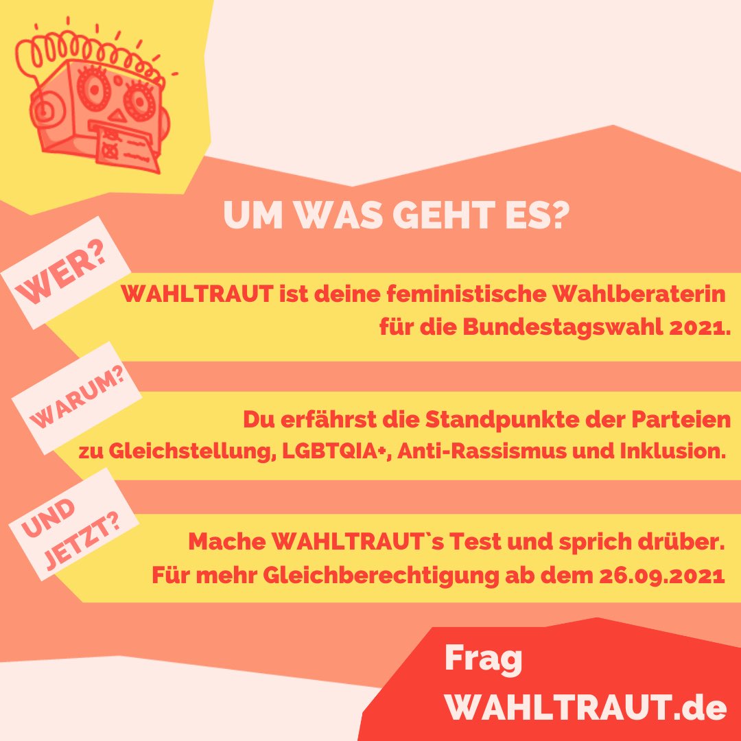 Brezel_Now's tweet photo. Endlich gibt es eine digitale Wahlhelferin, die #frauenpolitische Themen der Parteien sichtbar macht. Schluß mit §218 und her mit der #feministischen Außenpolitik. Danke an Macherinnen von #Wahltraut 💚 #sdg5 #sdg8 #sdg10 #wahl2021 https://t.co/nL733ksoAW