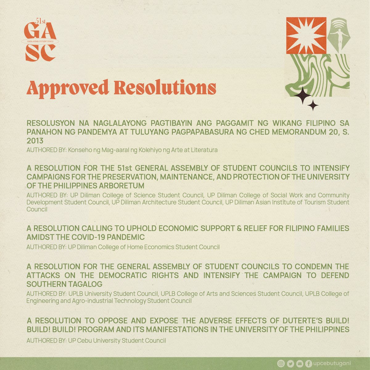 upcebutugani's tweet photo. LOOK: The 51st General Assembly of Student Councils (GASC) has approved 20 resolutions after a two-day careful deliberation. The resolutions focus on crucial societal issues within the university and the country. See photos for more details. 1/2 #GASC51 https://t.co/wiqZnUHDm1
