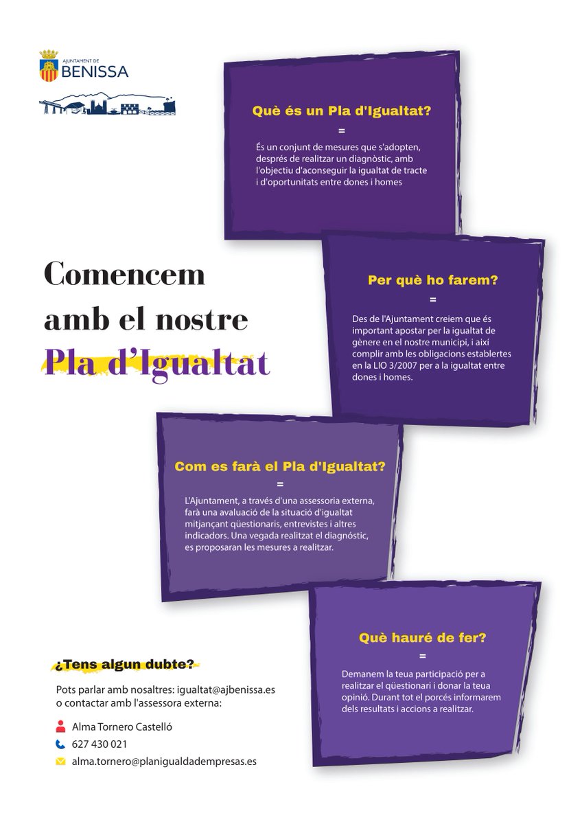 📄💜Benissa inicia els treballs per a l'elaboració del III Pla d'Igualtat

🗣️Lorena Ivars: “Hem d'actualitzar i adequar les nostres línies de treball per a continuar impulsant noves polítiques d'igualtat”.

Tota la info...👇🏻