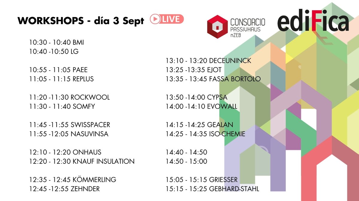 ConPassivHaus's tweet photo. 🔴Damos comienzo a la tercera jornada de #ediFica21, a partir de las 10:00 da comienzo la primera presentación con el #PremioediFica, y continuamos la jornada con los #workshops de nuestros consorciados.

▶️No te lo pierdas en DIRECTO: https://t.co/sECeOgT28B https://t.co/FZFvXAQFRD