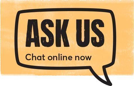 Yellow background, speech bubble with ASK US. Chat online now
