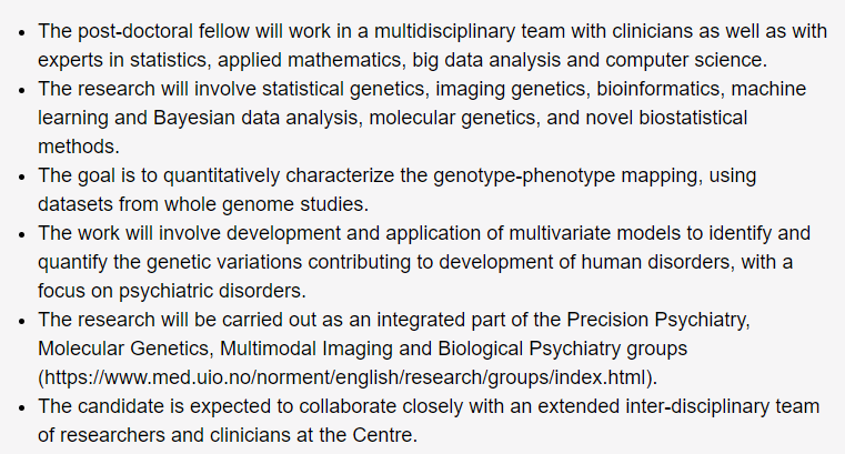 SFFNORMENT's tweet photo. Come work with us in Oslo! We have a 3-year postdoc position available in statistical genetics and big data. Deadline Sept 12. Please RT! @oleaandreassen @FreiOleksandr @UniOslo_MED ➡️ https://t.co/NqXWghTZrP https://t.co/isY6sYY4fI