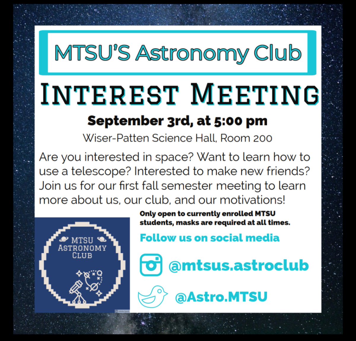 AstroMTSU's tweet photo. First meeting of the semester! Come by and learn about our club! There will be tacos available 🌮 https://t.co/5859IA7DPq