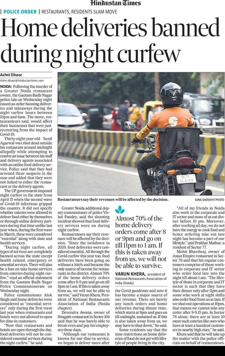 DhaorAshni's tweet photo. GB Nagar restaurateurs stare at losses after home deliveries banned during night curfew. The decision comes after Gr Noida incident. 
#noida #nightcurfew @NRAI_India #restaurantbusiness

https://t.co/CPzLfz4em5 https://t.co/gPST0NpG5v