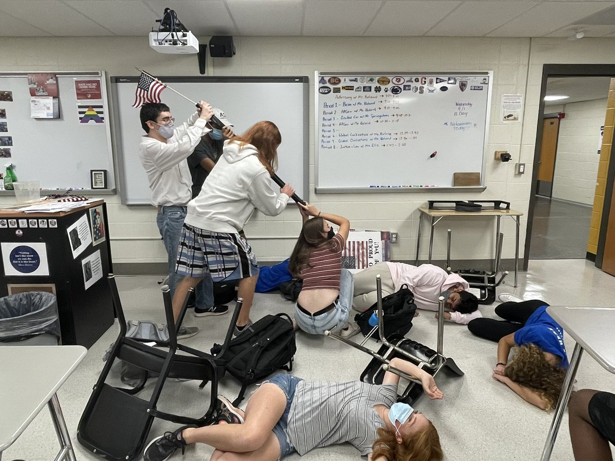 With permission to share, we did an icebreaker this week where the students recreated images from history. Love these!!! #apgov #WTP #sschat #hsgovchat #gettingcreative
