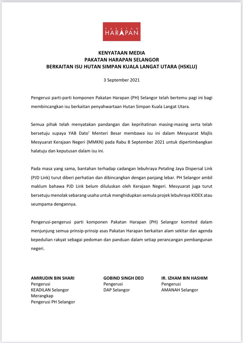 pakatanharapan_'s tweet photo. Kenyataan media PH Selangor berkaitan isu Hutan Simpan Kuala Langat Utara (HSKLU)

@AmirudinShari @GobindSinghDeo @IrIzhamHashim https://t.co/QvWWaxoZiF