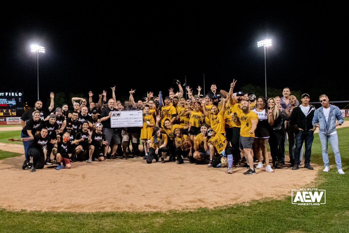 All Elite Wrestling (@aew) on Twitter photo Thanks to all the great #AEW fans who came out for our meet and greet and softball game against <a href="/PWTees/">Pro Wrestling Tees</a> tonight at <a href="/WintrustField/">Wintrust Field</a>. With your support, we raised more than $13,000 for <a href="/PAWSChicago/">PAWSChicago</a> to help homeless dogs and cats!
Final score: AEW 21, PWT 3 Thanks to all the great #AEW fans who came out for our meet and greet and softball game against <a href="/PWTees/">Pro Wrestling Tees</a> tonight at <a href="/WintrustField/">Wintrust Field</a>. With your support, we raised more than $13,000 for <a href="/PAWSChicago/">PAWSChicago</a> to help homeless dogs and cats!
Final score: AEW 21, PWT 3