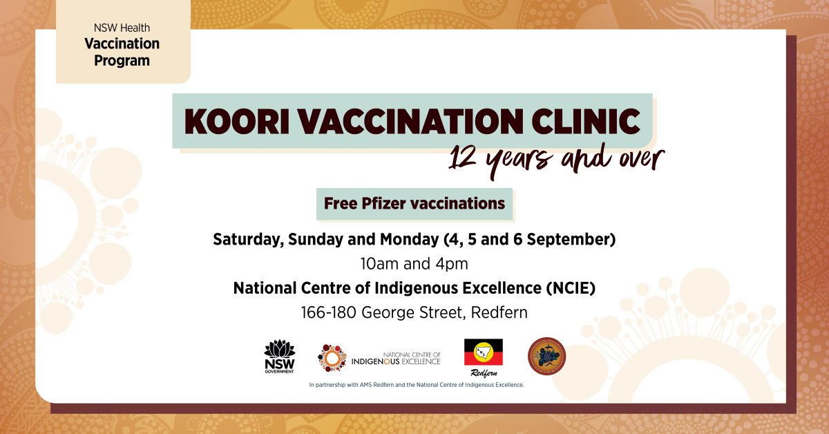 This weekend (Sat, Sun & Mon) come to NCIE, get your jab, & help protect you & the community! All Aboriginal and Torres Strait Islander people & family are welcome – you need to be over 12 years (bring a parent/guardian if you are 12-16). Book in here 👉 bit.ly/mycovaxvc35
