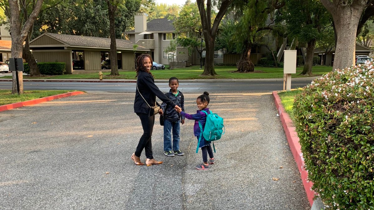 Good morning! Here I am walking to school with my amazing kids—Curtis is 7 and Gabrielle is 5 and as you can probably tell, they both have energy to burn.  #StanfordWIM #WIMMonth