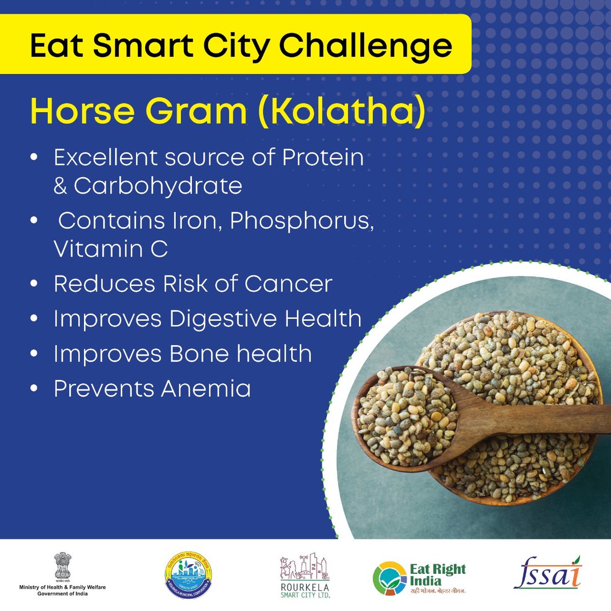 RaurkelaMC's tweet photo. Horse Gram (Kolatha) is a locally available pulses variety which is a prime source of Protein & Carbohydrate. #EatLocalEatSmart #EatSmartcityChallenge #SmartcityRourkela @CMO_Odisha @MoHFW_INDIA @MoHUA_India @HUDDeptOdisha @fssaiindia @smartcityrkl @DMSundargarh @POSHAN_Official https://t.co/PhAgKEFeh1