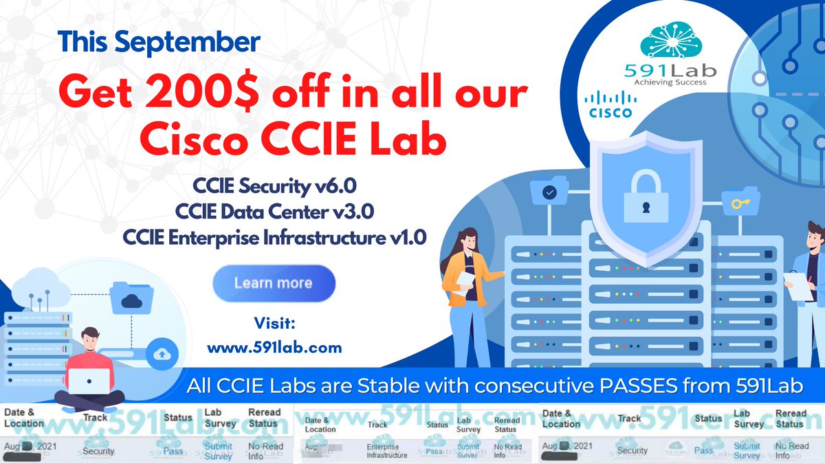 591Lab's tweet image. DISCOUNT! DISCOUNT! DISCOUNT! CCIE Security Lab v6.0 Lab &amp;amp; CCIE Enterprise Infrastructure v1.0 Lab &amp;amp; CCIE Data Center v3.0 Lab is now available on 591 Lab Visit 591lab.com for more details. #ccie #EILAB #securityLAB #dcLAB #DATACENTERlab #Cisco #CiscoLab #profession