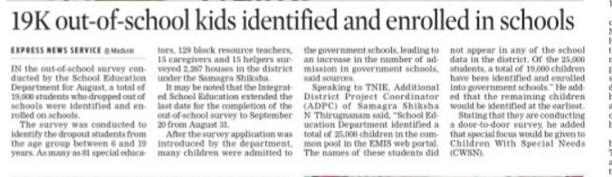 A total of 19,000 children have been identified in #OutofSchoolChildren #survey held during the month of August conducted by the #SchoolEducationDepartment in #Madurai.

@xpresstn @VinodhArulappan @NewIndianXpress @mducollector @Anbil_Mahesh