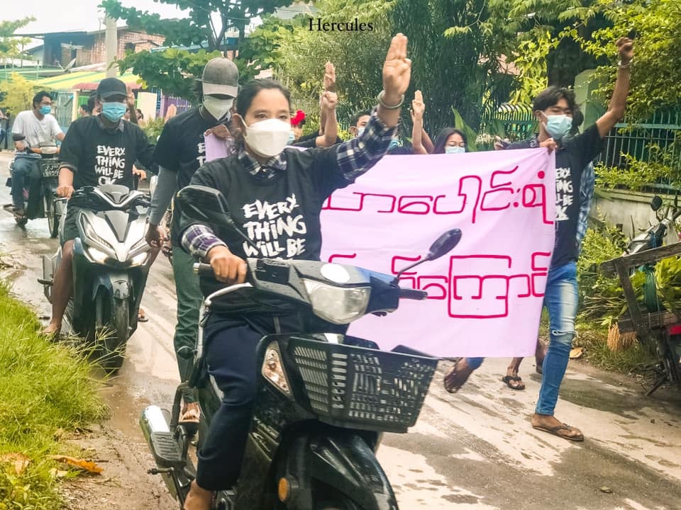 "Everything will be OK". Protesters against army rule in Myanmar's Mandalay mark six months since the killing of 19-year-old Kyal Sin. #WhatsHappeningInMyanmar
