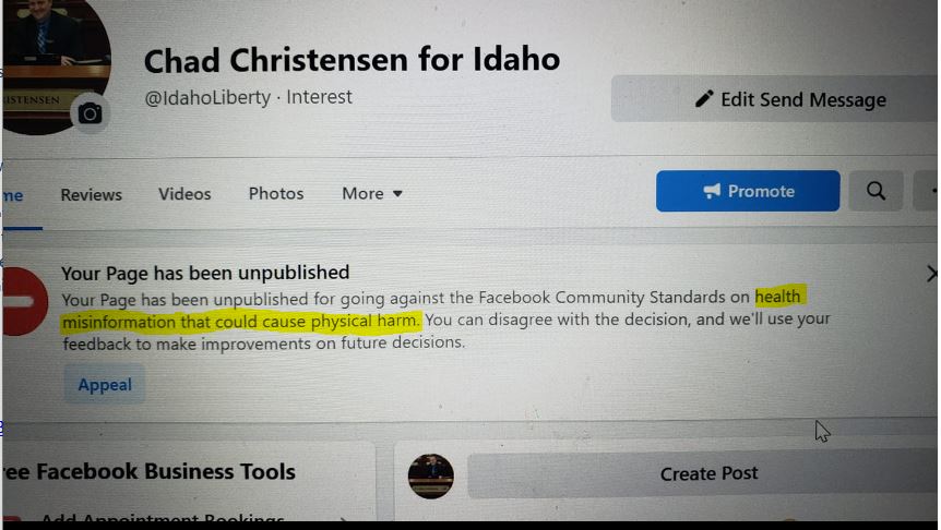 #MadChad learns the reason his official FB page was taken down. Not for guns, but for #HealthMisinformation that can cause physical harm. 

Guns are bloodier, but he's dangerous either way.

#idpol #idleg #Covid #chadchristensen @IdahoGOP