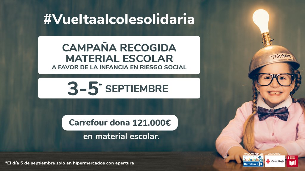 [#VueltaAlColeSolidaria] 
Desde hoy viernes 3 hasta el domingo 5 de septiembre estaremos recogiendo material escolar en el <a href="/CarrefourES/">Carrefour España</a> de #Cuenca 
📌De 11:00 a 14:00 y de 17:00 a 21:00h.
¿Te sumas? 
#FundaciónSolidaridadCarrefour #SerMejores
<a href="/CruzRojaEsp/">Cruz Roja Española</a>