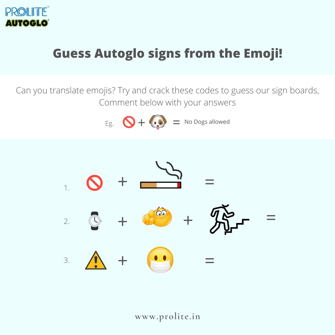 ProliteA's tweet image. Do you have it in you to solve our emoji puzzle and crack the Autoglo signs boards??

Comment below.

#emergencyexit #proliteautoglo #signs #signages #nosmoking #contest #fridayfunday #emoji