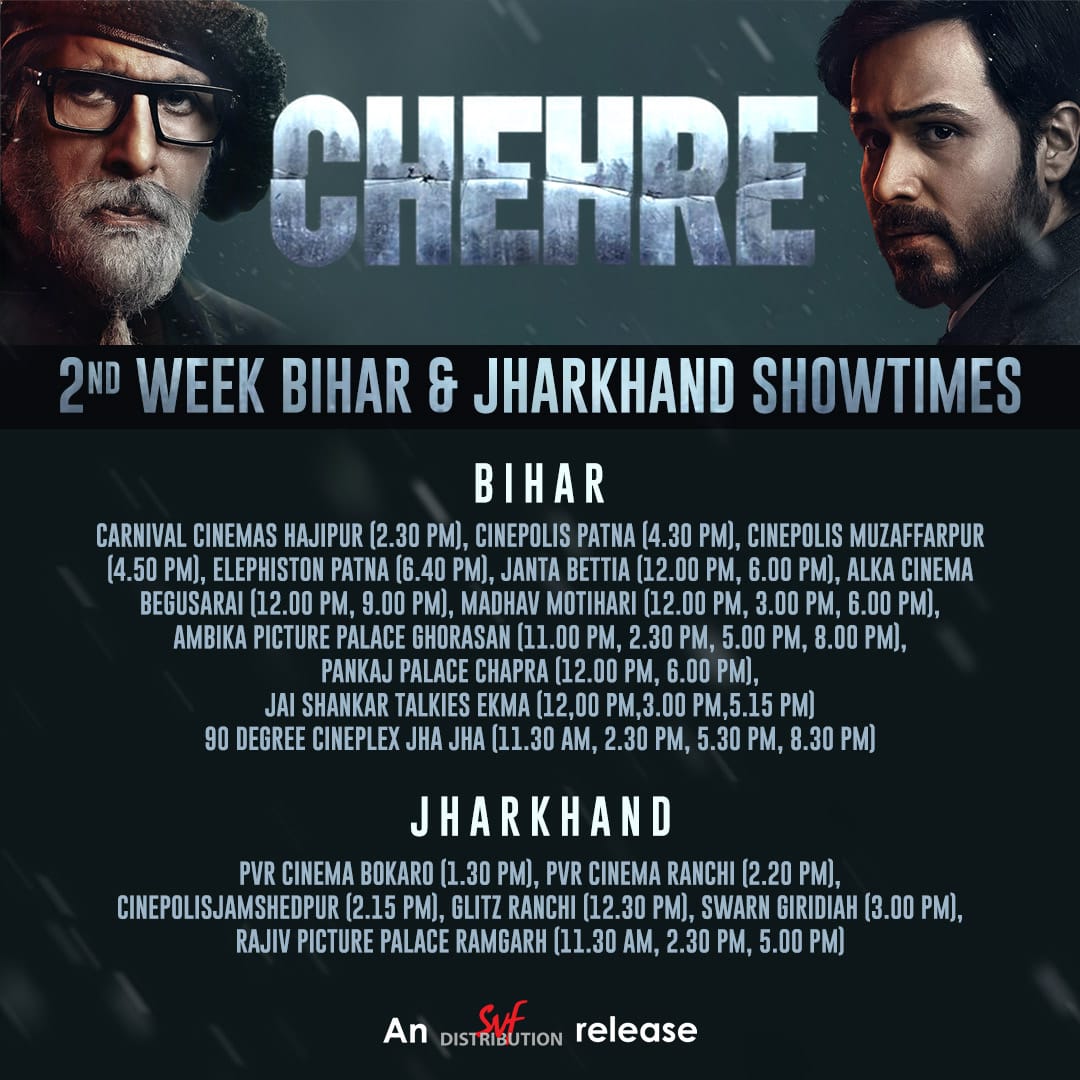 SVFsocial's tweet image. Find out the real Chehre behind reel Chehre! 

Watch the thriller #Chehre, running successfully into its 2nd week in theatres near you! 
An #SVFDistribution Film 

@SrBachchan @emraanhashmi @anandpandit63
 #RumyJafry @annukapoor_ @Tweet2Rhea @krystledsouza @SVFCinemas #SVF25