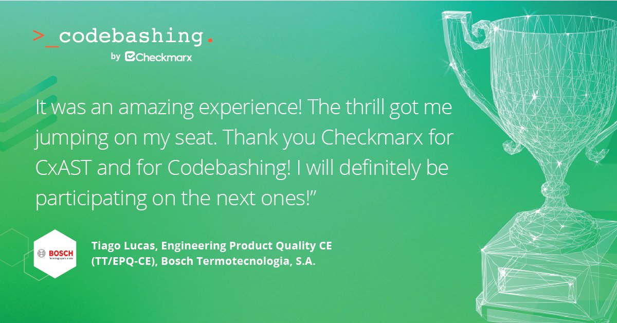 Checkmarx's tweet image. 🤨 #Developers, do you have what it takes to defeat our reigning #Codebashing tournament champion @tiagoslucas?
🏆Find out 9/16 at 9 am EST in our monthly Live #Codebashing Tournament.
Sign up: bit.ly/3mX3tS5