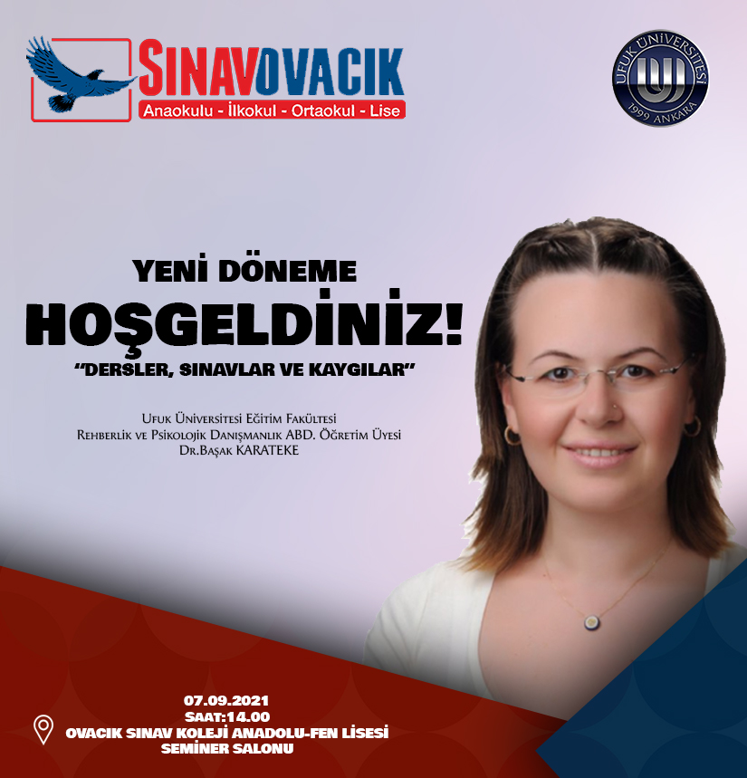 Ortaöğretim seminerlerimiz devam ediyor. Tanıtım ofisimizin etkinliğinde, "Dersler, Sınavlar ve Kaygılar" teması ile, Sınav Ovacık Anadolu-Fen Lisesinin konuğu olacağız. Seminerde Eğitim Fakültemiz Öğretim Üyelerinden Dr. Başak KARATEKE konuşmacı olarak yer alacak.