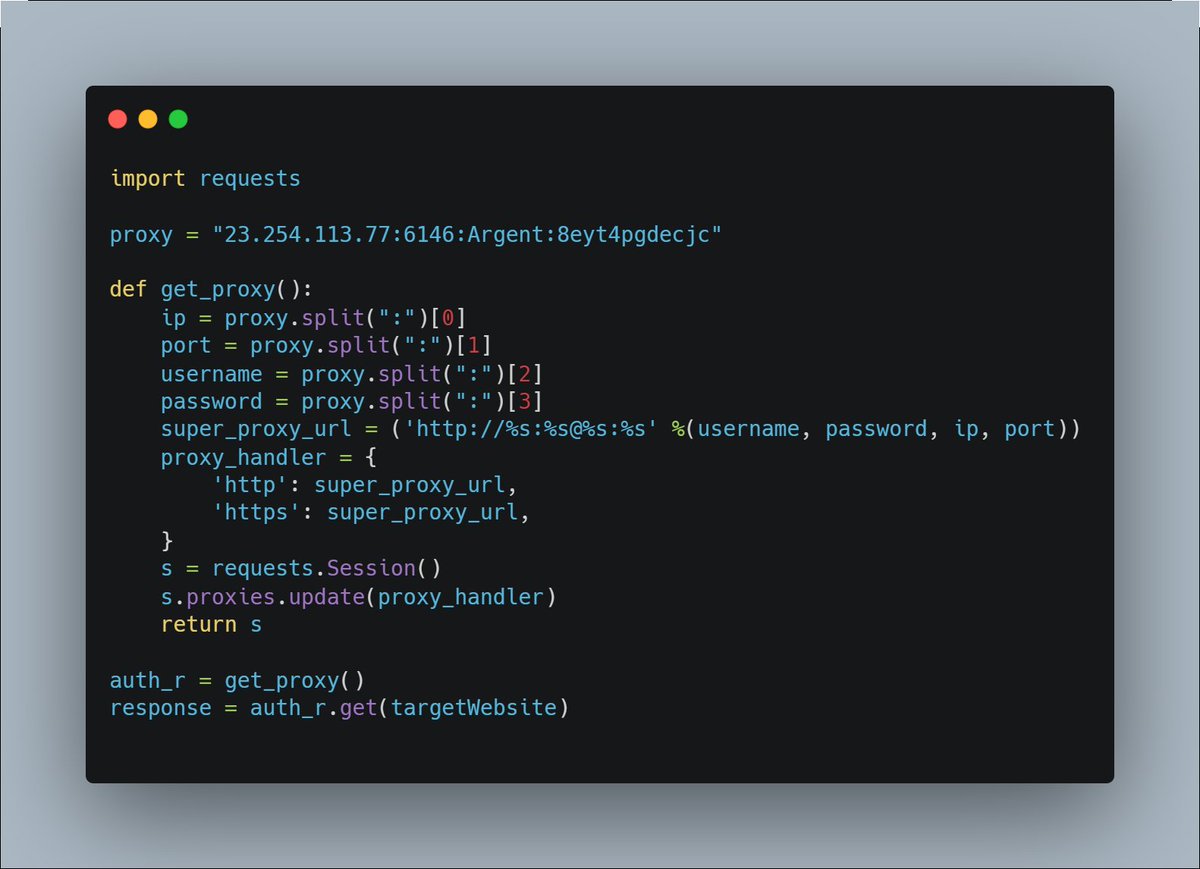 argent_codes's tweet image. Using Authenticated Proxies with Python Requests🐍
P.S. The given proxy password is incorrect🙂
#100DaysOfCode #Python #PythonRequests #Proxy