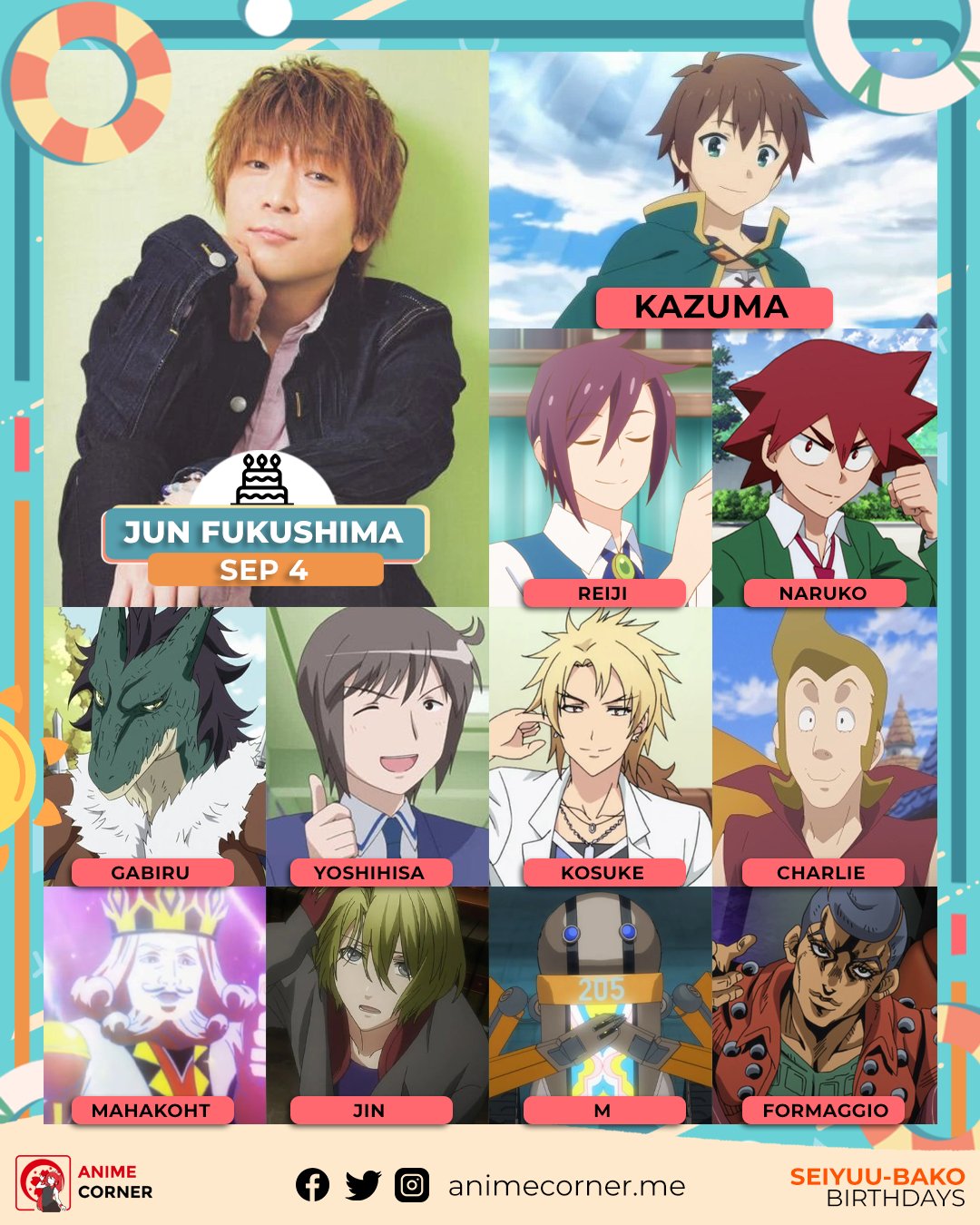 Anime Corner on X: Happy 45th Birthday to Jun Fukushima! He's the one who  voiced the one and only Kazuma Satou from Konosuba. His other roles include  Reiji Kirio from Drugstore in