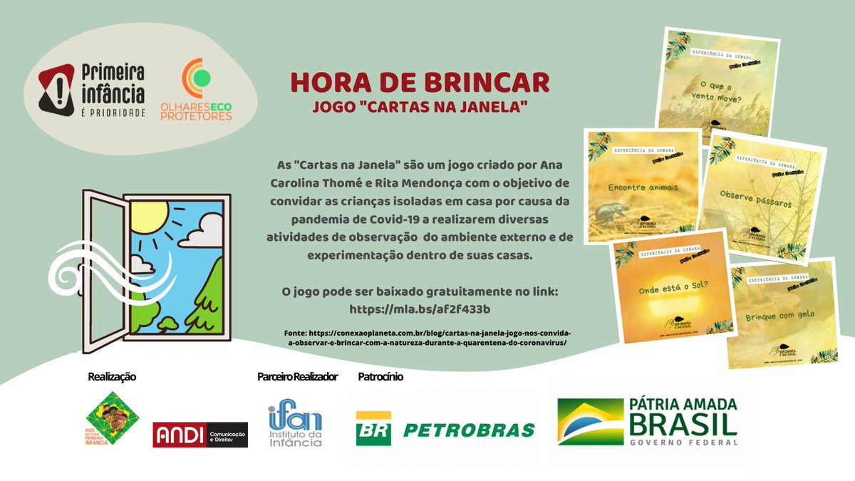 As "Cartas na Janela" são um jogo de observação da natureza perfeito para os dias em que as crianças não podem sair de casa. Conheça o jogo em: mla.bs/17394b67
#ifan #institutodainfancia <a href="/petrobras/">Petrobras</a>  
#ProgramaPetrobrasSocioambiental #ProjetoPrimeiraInfanciaePrioridade