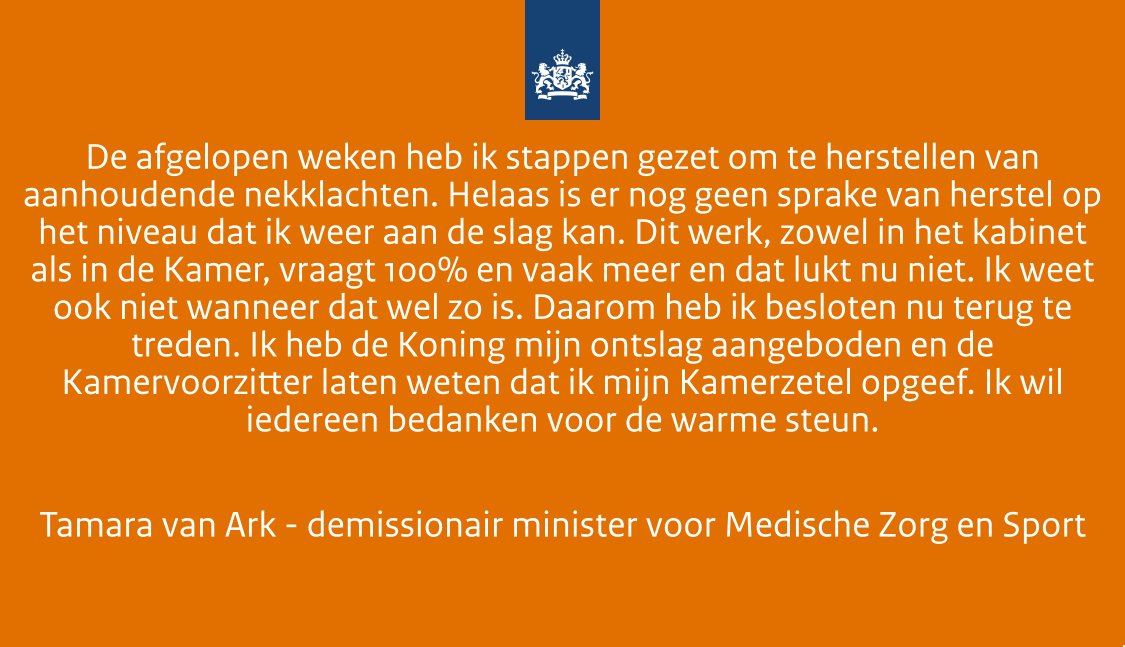 Zojuist is bekend gemaakt dat ik stop als minister en als lid van de Tweede Kamer. Lees hier mijn statement.⤵️