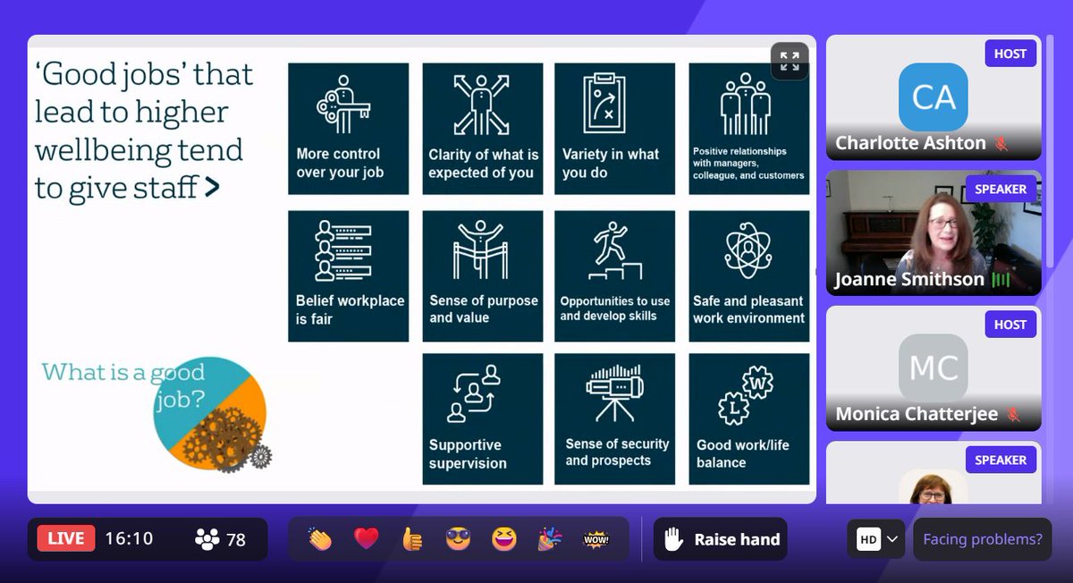 First up we welcome @JoanneSmithson of @WhatWorksWB: 'Both employment and high quality jobs are sources of wellbeing, especially meaning, beyond income.'

#HealthWorkerWellbeing