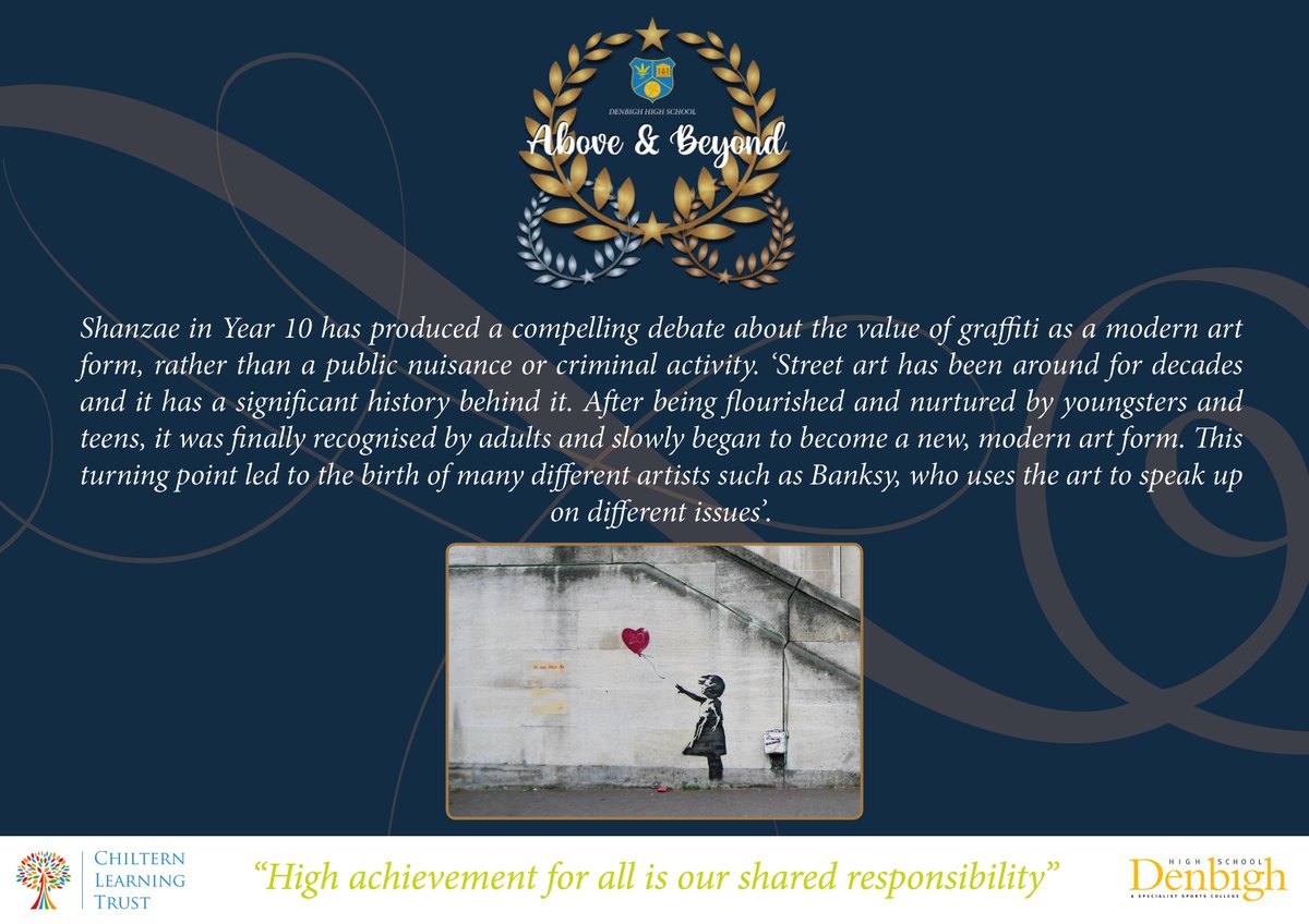 DenbighHigh's tweet image. Over the summer our Above &amp;amp; Beyond Programme has produced some fantastic work. Shanzae makes a compelling argument for graffiti to be considered a modern art form. #aspiration #thearts #extendedlearning @ArtsDenbigh