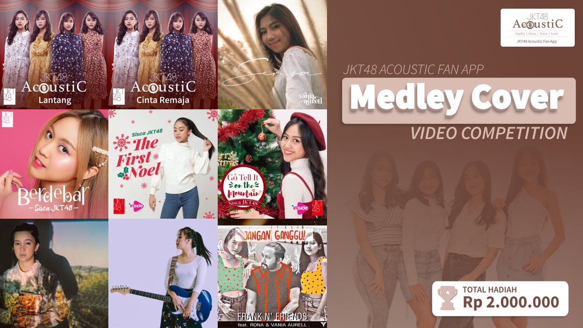 [BIG GIVEAWAY ALERT] 🎁🥳🎉🎊
Dalam rangka merayakan ulang tahun ke-4 JKT48 Acoustic dan setahun dirilisnya <a href="/jkt48appcoustic/">JKT48 Acoustic App</a>, maka akan diadakan kompetisi spesial #AppcousticMedleyCoverCompetition.

Total hadiah adalah sebesar DUA JUTA RUPIAH.
