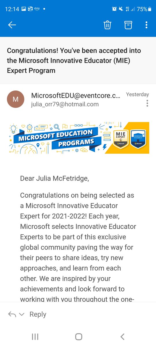 JuliaMac_0's tweet photo. Delighted to be accepted as an MIE Expert for 2021-22. Looking forward to learning from everyone 😀 @SNHSBUSED  #MIEExpert #MicrosoftEdu https://t.co/t4G1WPLyQd