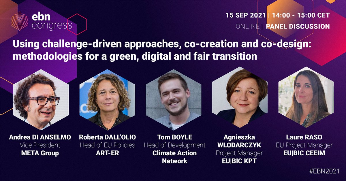 🎯Using challenge-driven approaches, co-creation and co-design in innovation.

🤝Brought to #EBN2021 by <a href="/CHERRIES_eu/">CHERRIESeu</a> &amp; <a href="/pentahelix_eu/">PentaHelix</a> this panel explores how collaborative methodologies catalyse a #green &amp; #digital future 🌍

📅 15 Sept – 14.00 #EBN2021👉ebncongress.eu