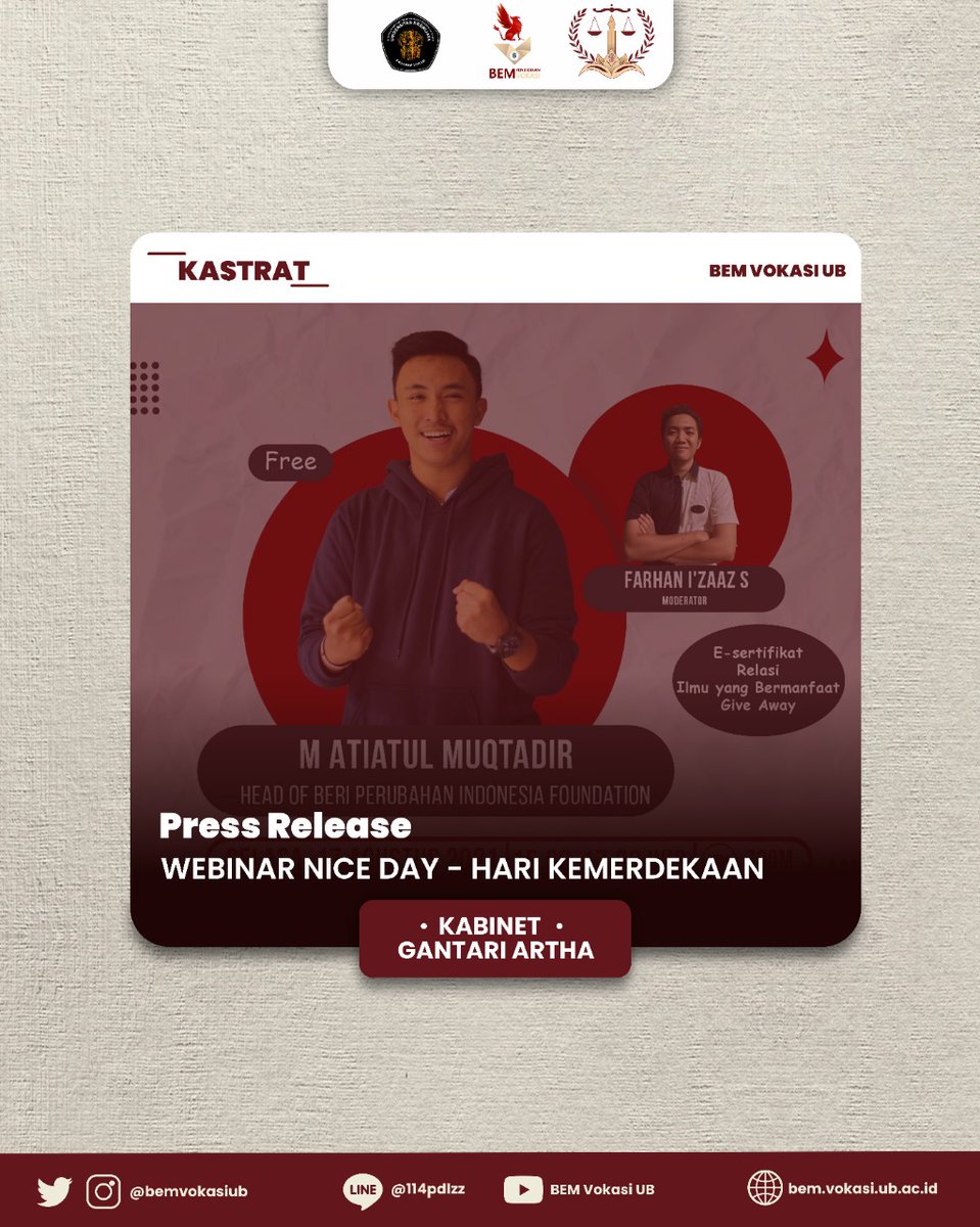 bemvokasiub's tweet photo. [PRESS RELEASE WEBINAR NICE DAY : PERINGATAN HARI KEMERDEKAAN]

Pada tanggal 17 Agustus 2021 telah dilaksanakan rangkaian acara Webinar Nice Day dalam rangka memperingati hari kemerdekaan RI ke-76 dengan tema "Mengoptimalkan Peran Mahasiswa dalam Mengisi Kemerdekaan Digital". https://t.co/b2IxbiO1Qn