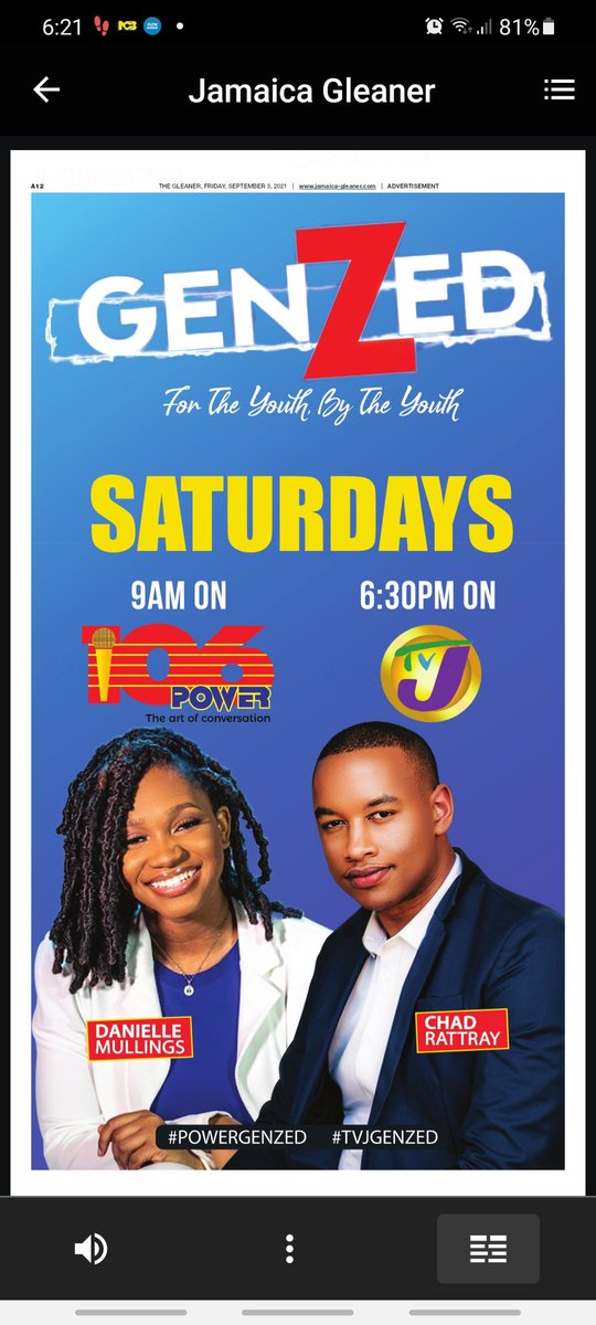 CCCGJam's tweet photo. #POWERGENZED #TVJGENZED Full Page in the Gleaner today ... tune in Radio or TV for this show for the youth by the youth tomorrow. https://t.co/ly83HXm9WE