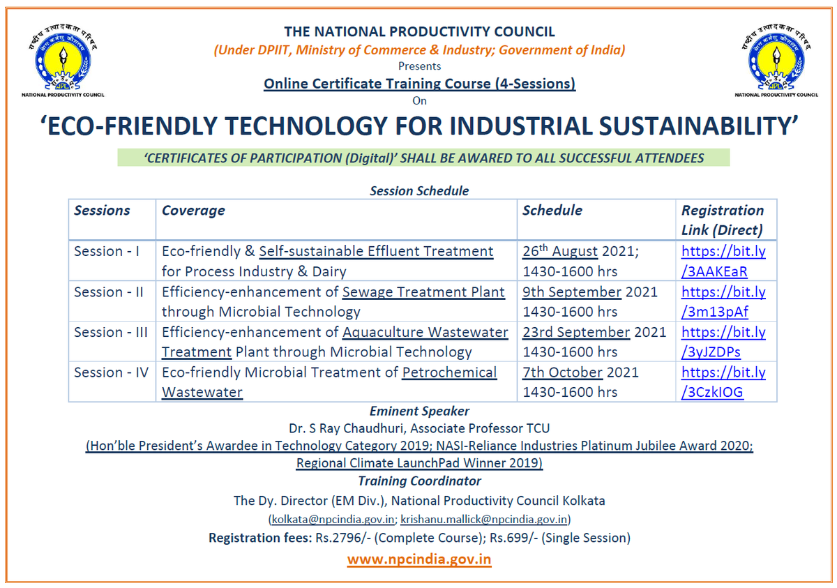NPC_KM1's tweet photo. #Register for @NPC_INDIA_GOV #TrainingCourse on
#ECOFRIENDLY #TECHNOLOGY FOR #INDUSTRIAL #SUSTAINABILITY at ⬇️
9/9/21 https://t.co/ydGRU7qdcK
23/9/21 https://t.co/Ef3bz7mu7t
7/10/21 https://t.co/xrlw0ycEDb
#Sustainable #ECOFRIENDLY #technology #innovation #wastemanagement https://t.co/y6Cqq8Urtz
