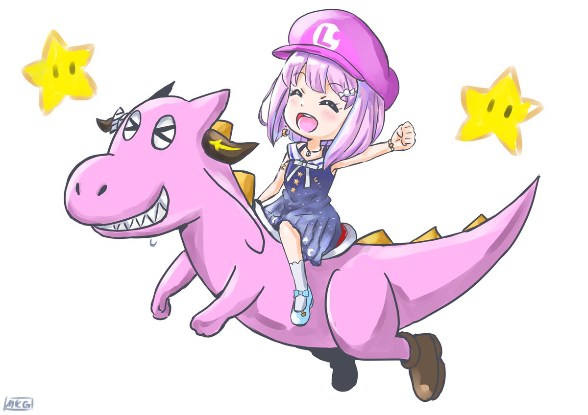 himemori luna 1girl riding dress hat open mouth closed eyes smile  illustration images