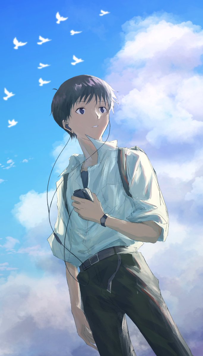 ikari shinji 1boy earphones male focus solo sky cloud shirt  illustration images