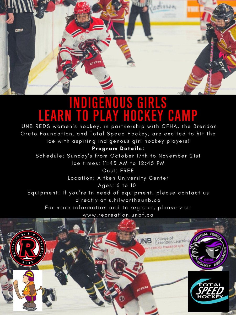 With help from our community partners, we are excited to release our Indigenous Girls Learn to Play Hockey Camp! The camp is FREE to join, there is an option to borrow gear, and an opportunity to join minor girls hockey after the camp! To register: recreation.unbf.ca