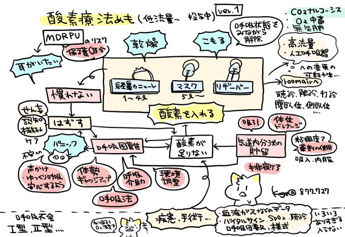 低流量の酸素投与の患者さんの受け持ちをしているときに考えていることメモ🐱
・呼吸状態の評価(悪化や終了について考える)
・排痰ケア
・症状緩和
・したくない、外したいという気持ち
管理中はこちらも必死なので
「外しちゃダメ!」と言いがち
🐈呼吸介助、呼吸法、体勢、環境調整 