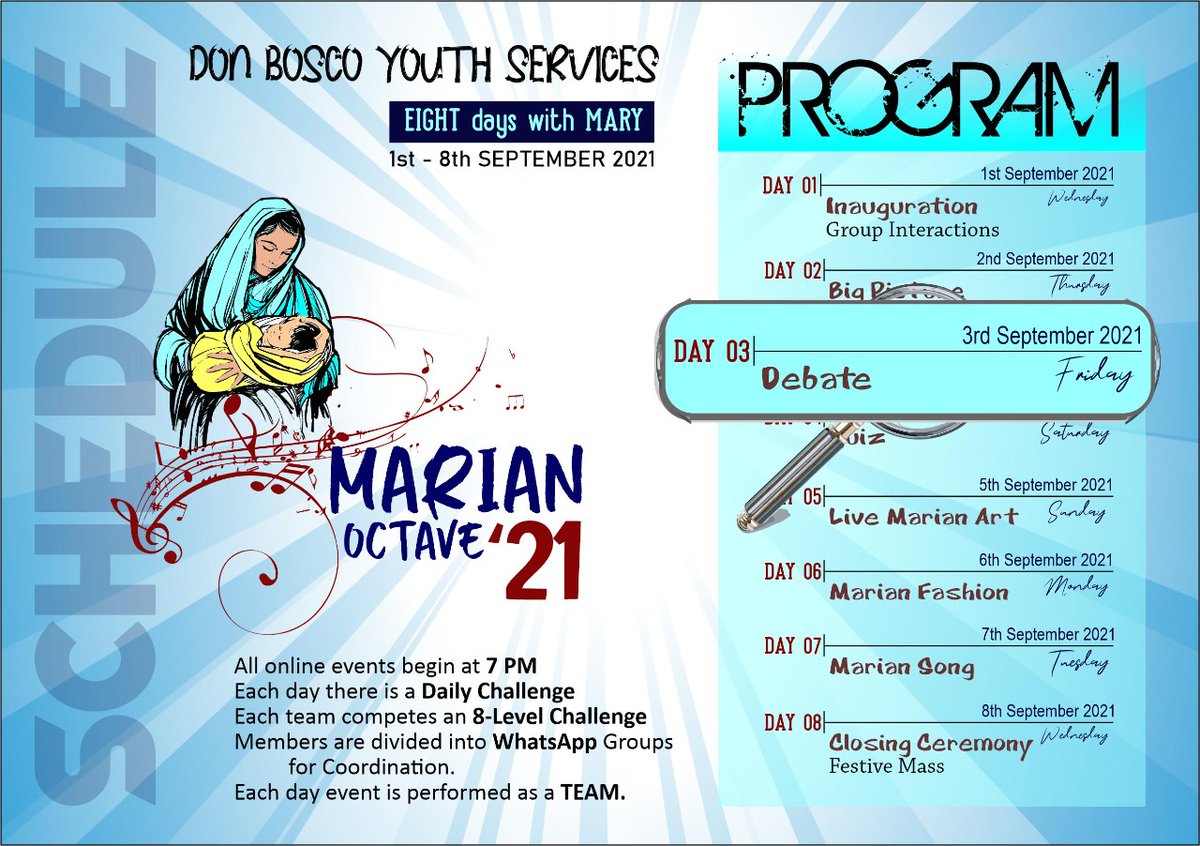 DbysInp's tweet photo. Hold fast to your seats, MARIAN OCTAVE '21 Day 3 is going to be nothing short of a roller-coaster ride!⚡ #MarianOctave #marianevent #mothermary #dbys #donboscoyouthservices https://t.co/sJC4JkQmdp